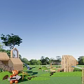Garden Features In Children's Play Area With Wooden Structures Slide Trees And Green Lawn