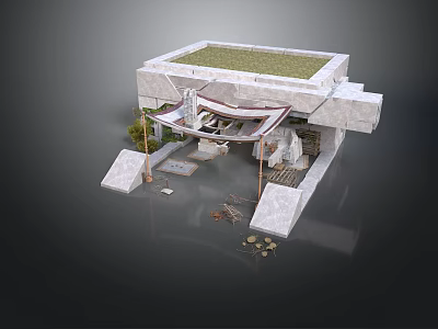 Modern Building Design with Green Roof White Stone Walls Open Structure and Stone Steps 3d model