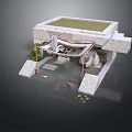 Modern Building Design with Green Roof White Stone Walls Open Structure and Stone Steps