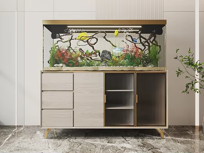 Stylish Aquarium With Colorful Fish And Aquatic Plants On Cabinet With Drawers And Doors 3d model