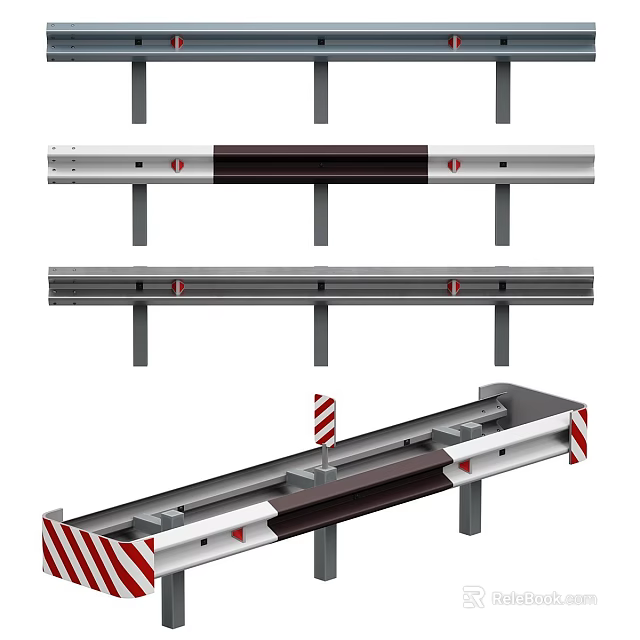 Metal Traffic Barrier With Horizontal Rails Support Posts And Red White Stripes 3d model 