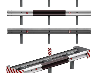 Metal Traffic Barrier With Horizontal Rails Support Posts And Red White Stripes 3d model
