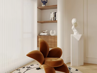 Brown Butterfly Shaped Velvet Accent Chair In Room With White Curtains Wooden Shelves And Decorative Sculpture 3d model