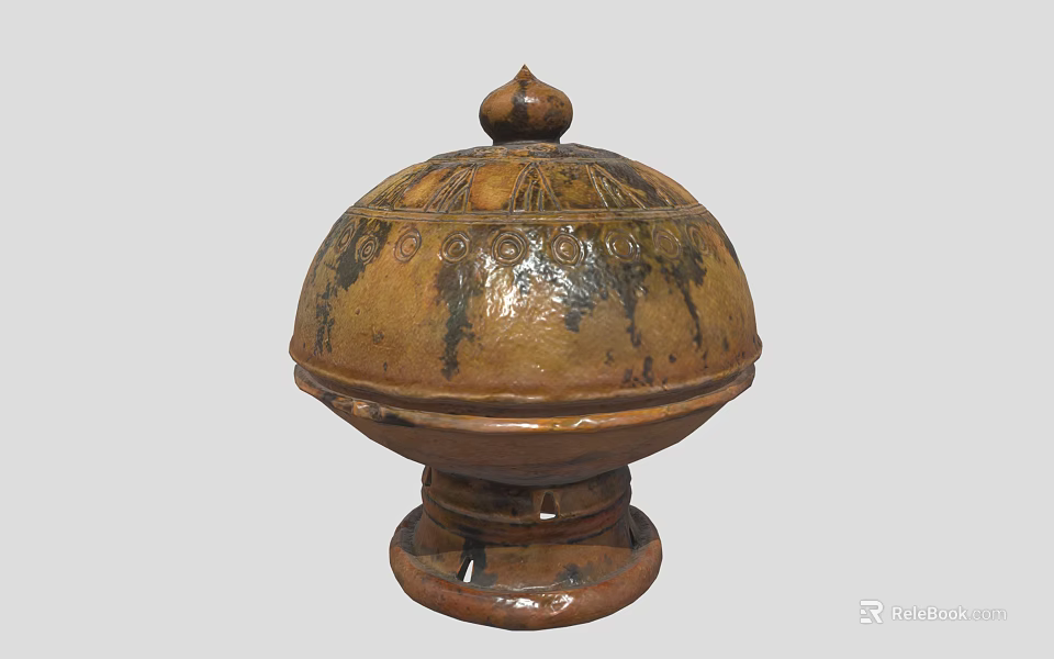 Brown Glazed Ceramic Vessel With Domed Lid Decorative Patterns And Base 3d model 