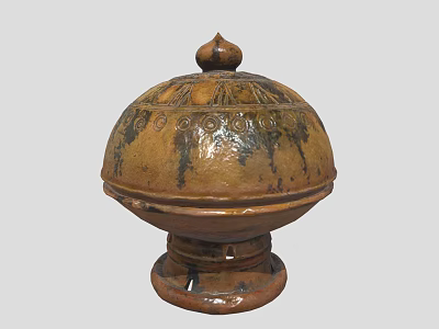 Brown Glazed Ceramic Vessel With Domed Lid Decorative Patterns And Base 3d model