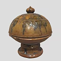 Brown Glazed Ceramic Vessel With Domed Lid Decorative Patterns And Base