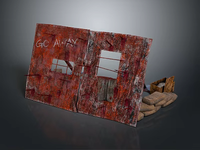 Worn Red Board With Square Openings And GO AWAY Text Beside Sandbags And Wooden Crate 3d model