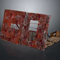 Worn Red Board With Square Openings And GO AWAY Text Beside Sandbags And Wooden Crate