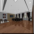 Elegant Private Dining Room Interior With Wooden Flooring Dining Table And Decorative Paintings 3d model