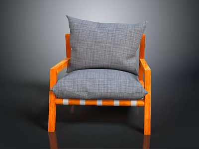 Single Sofa With Orange Wooden Armrests And Gray Plaid Cushion Design 3d model