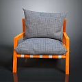 Single Sofa With Orange Wooden Armrests And Gray Plaid Cushion Design