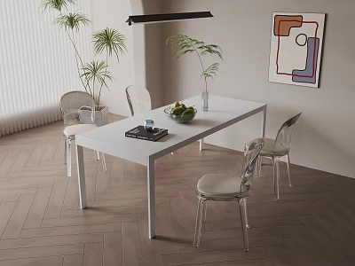 White Dining Table Set With Transparent Chairs Fruit Bowl Green Plants And Abstract Painting 3d model