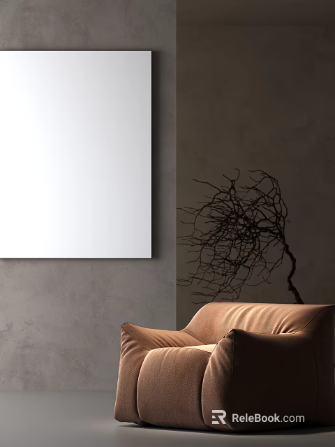 Brown Single Sofa In Modern Interior With Gray Wall And White Canvas Painting 3d model 
