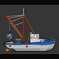Cartoon Scene With Colorful Boat Red Crane Blue White Hull And Orange Buoys