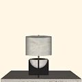 Modern Minimalist Table Lamp With Beige Lampshade And Black Square Base With White Semicircle