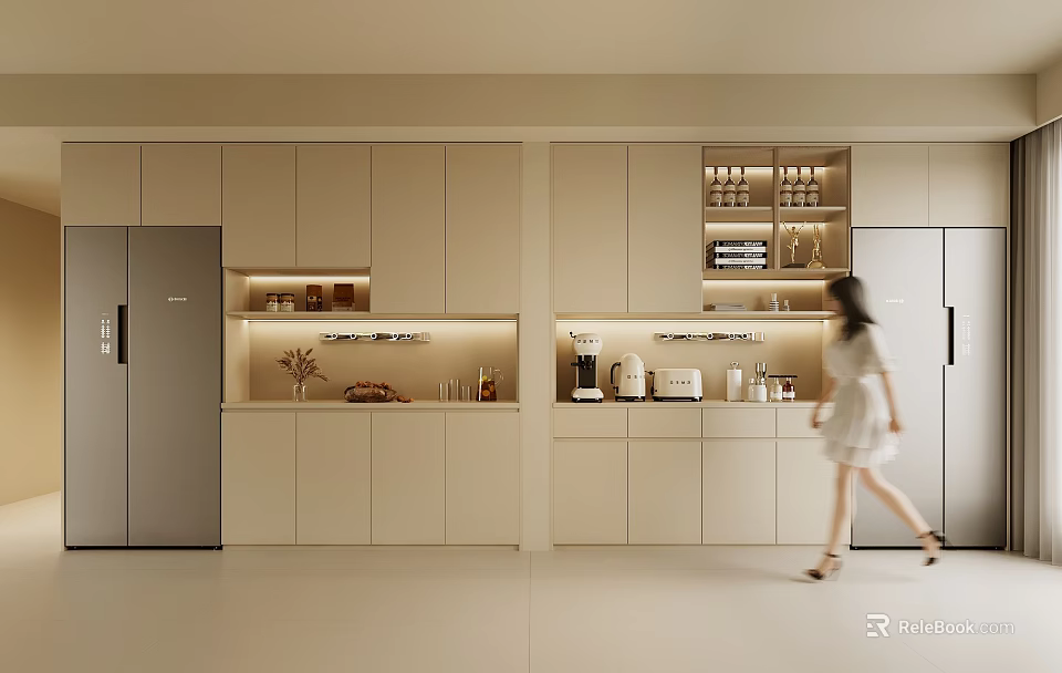 Modern Kitchen Interior With Built in Wine Cabinet LED Lighting And Glass Shelves 3d model 