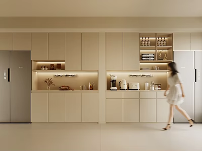 Modern Kitchen Interior With Built in Wine Cabinet LED Lighting And Glass Shelves 3d model