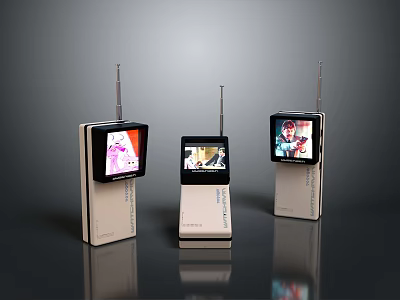 Three Electronic Devices With Antennas Display Screens And Different Images On White Base 3d model