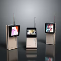 Three Electronic Devices With Antennas Display Screens And Different Images On White Base