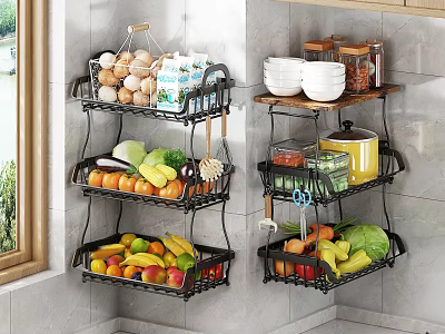 Kitchen Wall Mounted Metal Shelves With Fruits Vegetables Bowls And Jars 3d model