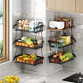 Kitchen Wall Mounted Metal Shelves With Fruits Vegetables Bowls And Jars