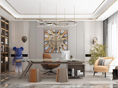 Stylish Study Room Interior With Blue Sculpture Desk Brown Chair Bookshelves Artwork And Pendant Lights 3d model