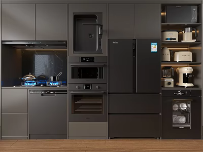 Modern Kitchen Appliances In Black Cabinetry Featuring Built-in Refrigerator Oven Microwave And Dishwasher 3d model
