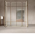 Modern Room Divider With Golden Metal Frame And Transparent Glass Panels In Elegant Interior