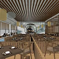 Modern Restaurant Open Space With Wooden Tables Chairs And Branch Texture Ceiling