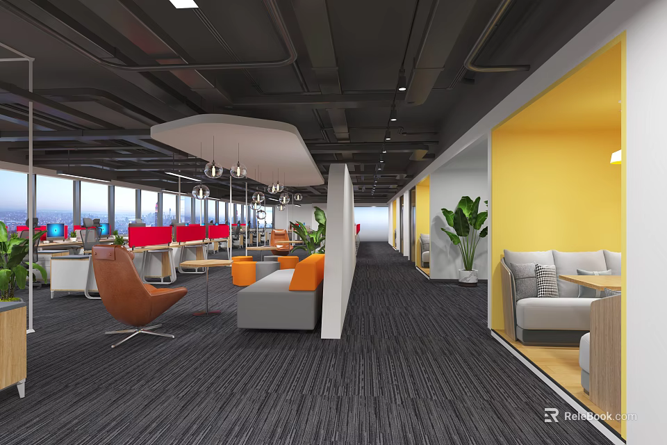 Modern Public Office Space With Open Layout Work Desks Sofas Plants And Yellow Walls 3d model
