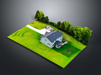 Natural Outdoor Scene of House with Green Lawn Trees Pathway and Lawn Mower 3d model