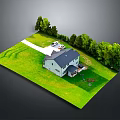 Natural Outdoor Scene of House with Green Lawn Trees Pathway and Lawn Mower