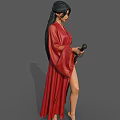 Woman Standing In Red Robe Holding Sword With Grey Robed Statue