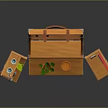 Wooden Open Decorative Cabinet With Gardening Tools Bottles Flower Pots And Calendar