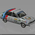Vintage Rally Racing Car with Sponsors Stickers Number 32 and Colorful Stripes