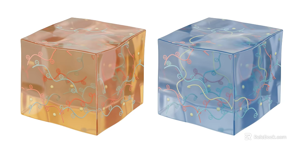 Transparent Decorative Cubes Featuring Orange Blue Shades Curved Lines And Small Colorful Dots 3d model 