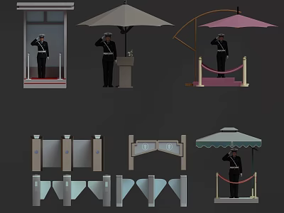 Parking Lot with Uniformed Staff Umbrella Shades Booth and Barriers 3d model