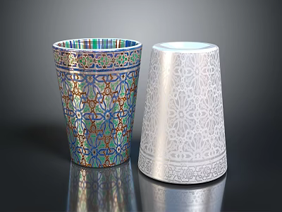Elegant Cups Featuring Colorful And Silver Intricate Floral Patterns 3d model