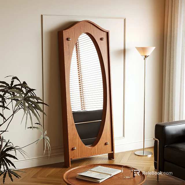Wooden Frame Oval Full Length Mirror in Living Room with Floor Lamp and Green Plant 3d model 