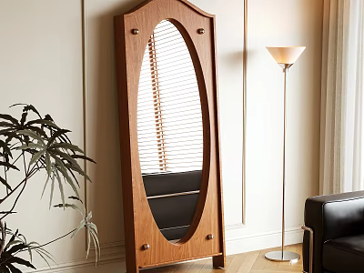 Wooden Frame Oval Full Length Mirror in Living Room with Floor Lamp and Green Plant 3d model