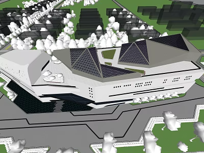 Modern Architectural Building Design With Geometric Roof Solar Panels And Green Surroundings 3d model