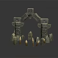 Ancient Stone Arch Structure With Totem Poles Face Carvings Shield Decoration And Candles