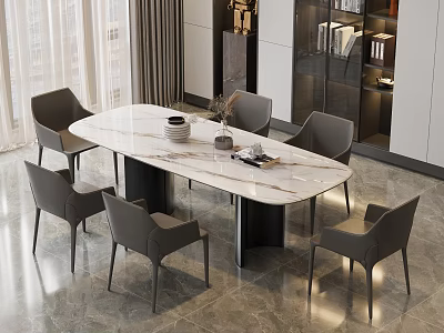 Modern Dining Table Set With Oval Marble Top And Six Gray Chairs Interior 3d model