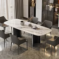 Modern Dining Table Set With Oval Marble Top And Six Gray Chairs Interior