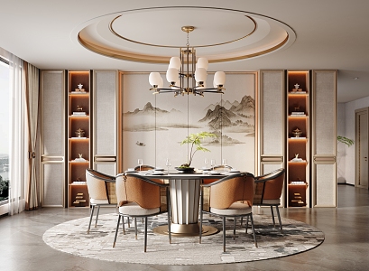 New Chinese Restaurant Dining Chair Combination Zen Restaurant Dining Table and Chair Combination Dining Cabinet Leather Single Chair Chandelier 3d model