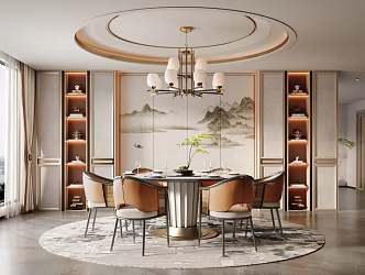 New Chinese Restaurant Dining Chair Combination Zen Restaurant Dining Table and Chair Combination Dining Cabinet Leather Single Chair Chandelier 3d model