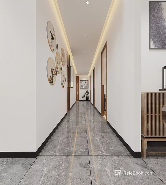 Modern Chinese Teahouse Corridor With Decorative Paintings Marble Floor And Wooden Elements 3d model 