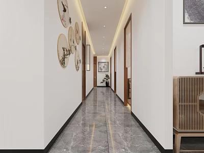 Modern Chinese Teahouse Corridor With Decorative Paintings Marble Floor And Wooden Elements 3d model