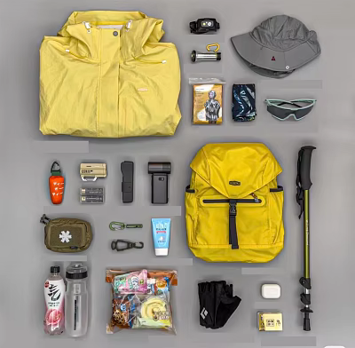 Yellow Outdoor Jacket With Backpack Hiking Pole First Aid Kit And Outdoor Gear 3d model