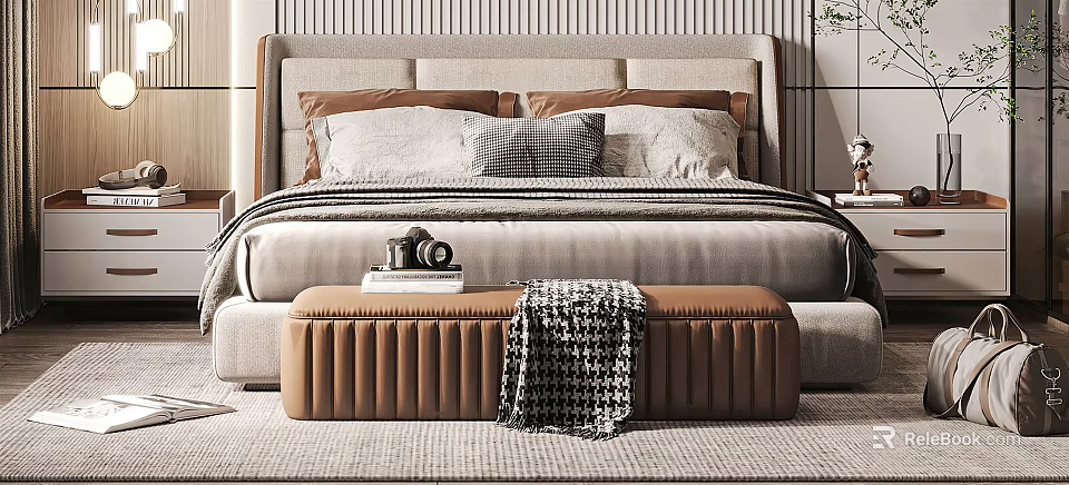 Elegant Double Bed With Plush Pillows Bed Bench Camera Books And Checkered Blanket 3d model 